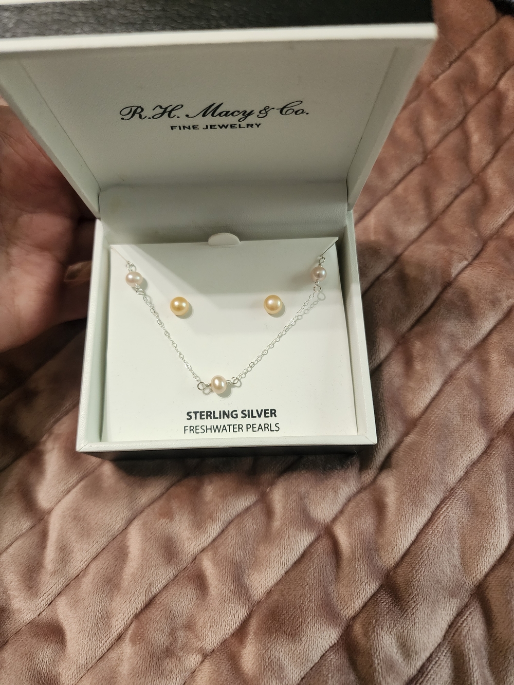 Macy's Sterling Silver Necklace and Studs with Champagne & Light Pink Pearls